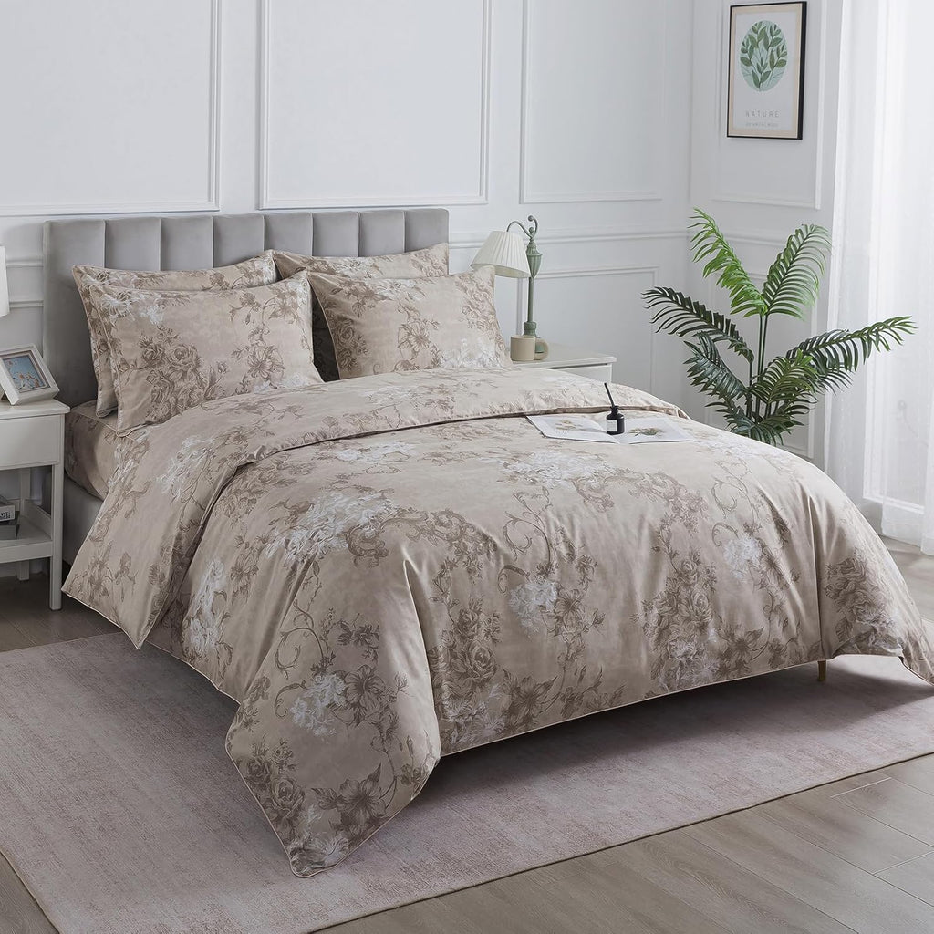 Puralens Dark Beige Moody Floral Duvet Cover, King 100% Cotton Percale Neutral Flower Comforter Cover Set, Shabby Chic Cottage Reversible T…