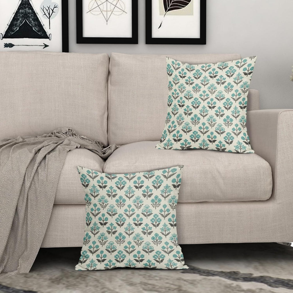 Black Teal Floral Pillow Covers 16x16 Inch Set of 2, Spring Summer Vintage Flower Block Print Pattern Decorative Throw Pillowcases…