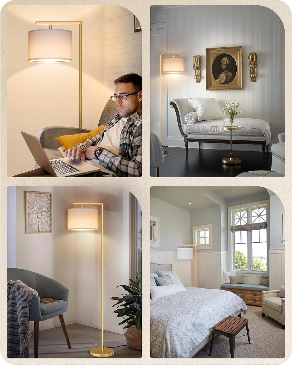 Goebleson Gold Dimmable Floor Lamp, Modern Arc Lamp with Remote, Standing Corner Light with Lampshade, Tall Reading Lighting for Bedroom, L…