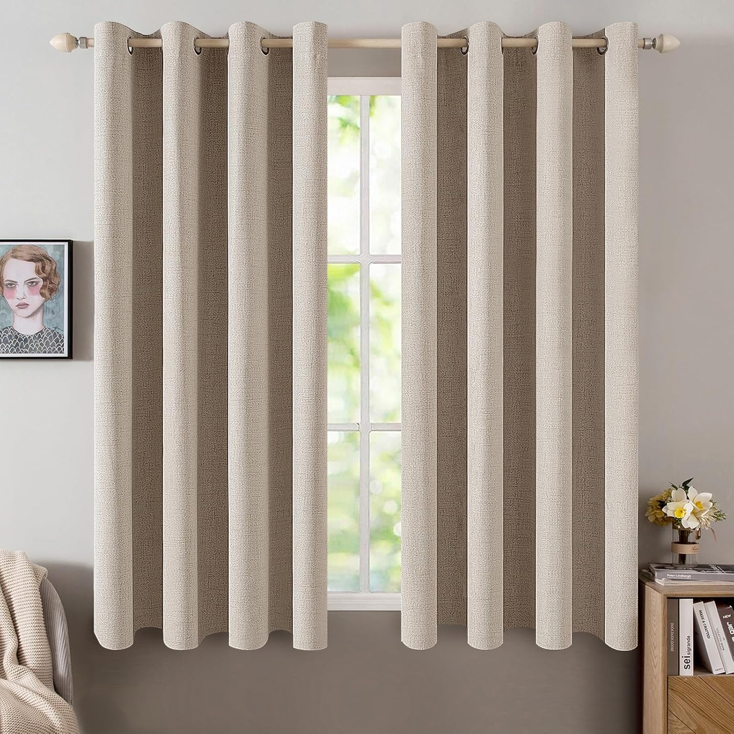 Miulee Linen Textured Curtains for Bedroom Solid 100% Blackout Thermal Insulated Taupe Grommet Room Darkening Curtains & Drapes Luxury Deco…