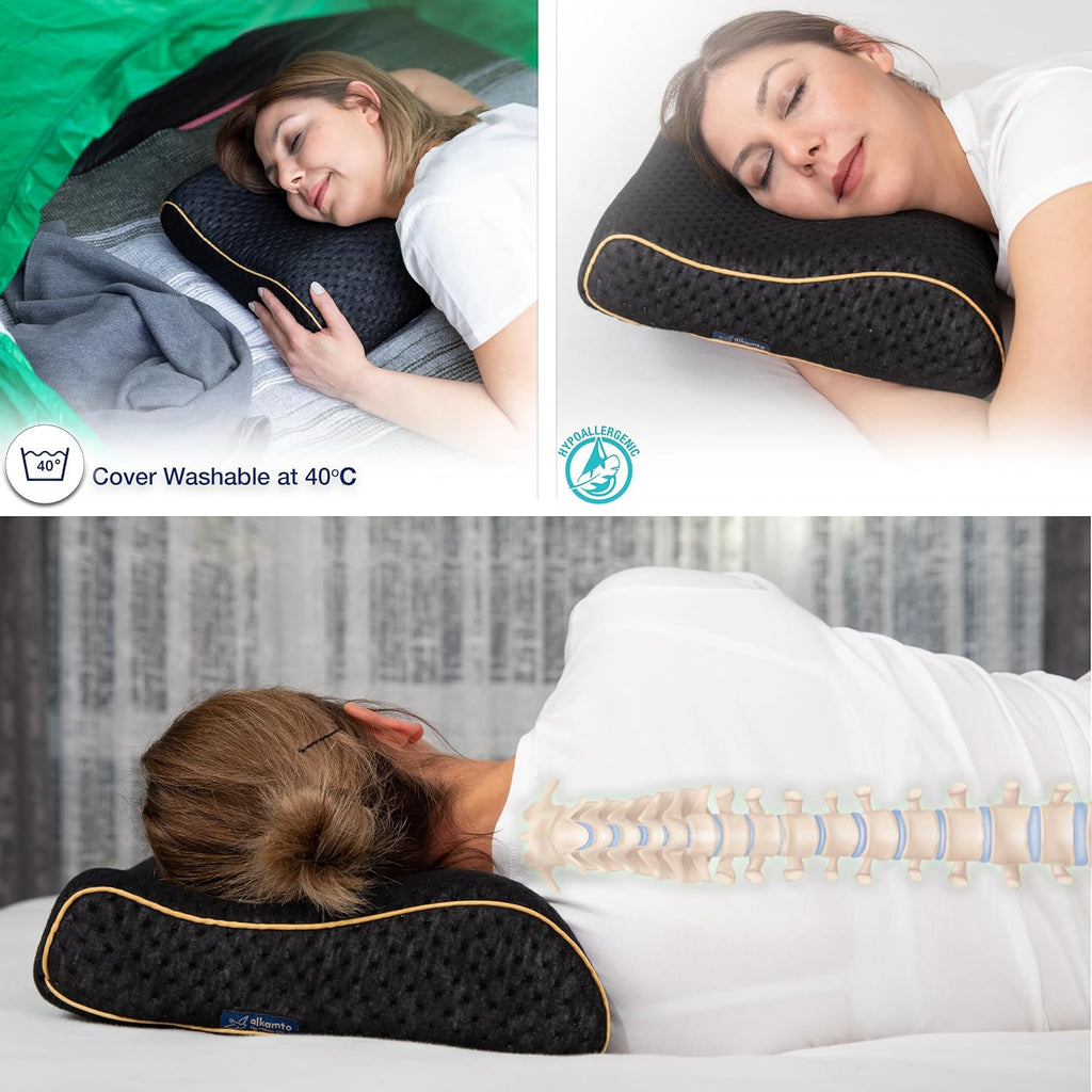 alkamto Travel & Camping Comfortable Memory Foam Pillow – Easy to Carry Portable Bag – Temperature Regulating Pillow Case (Black Contour)