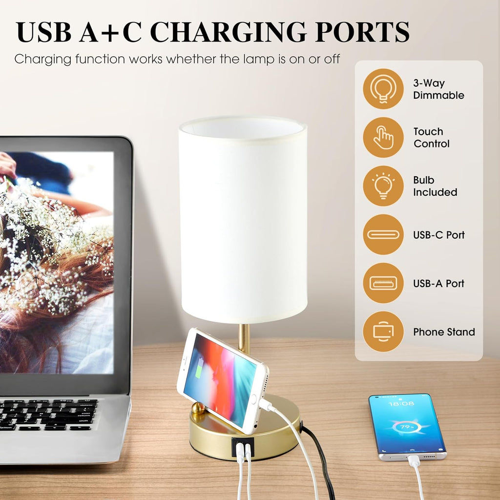Briever Touch Control Table Lamp for Bedroom, 3-Way Dimmable Nightstand Lamp with USB Charging Ports, Bedside Desk Lamp with Gold Phone…