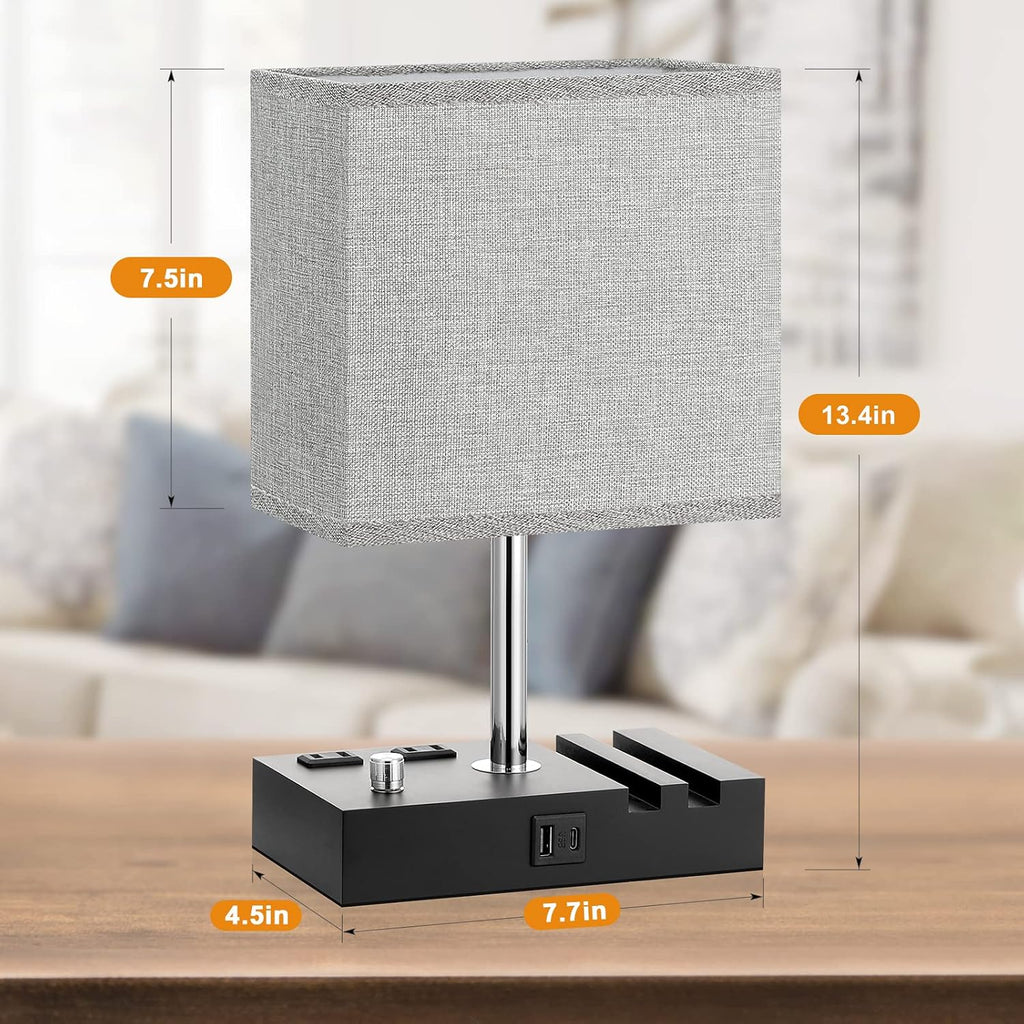 Kakanuo Fully Dimmable Bedside Lamps for Bedroom with USB C Ports, Grey USB Table Lamp Set of 2, Wooden Desk Lamp with 2 Charging Outlets…