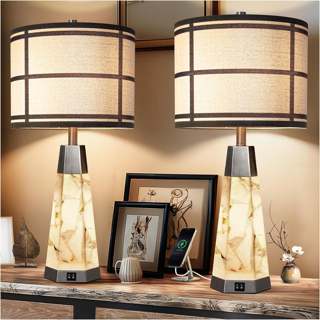 KIVDITZO 27" Alabaster Table Lamps for Living Room, Bedroom Lamps Set of 2 with Night Light, Living Room Lamps with USB A+C Ports, Table…