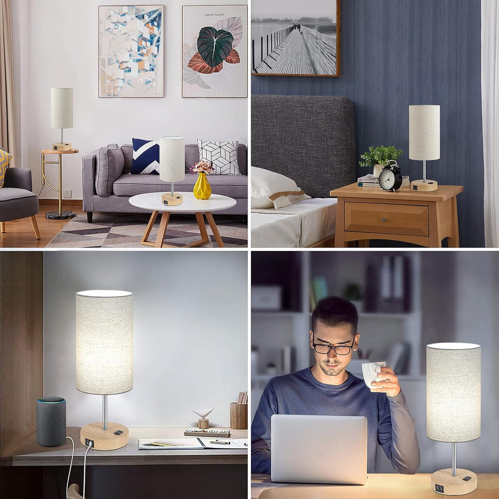 Brightever Bedside Table Lamps with 2 USB Charging Ports & AC Outlet, Set of 2 Touch Control Wooden Base Nightstand 3-Way Dimmable Lamps wi…