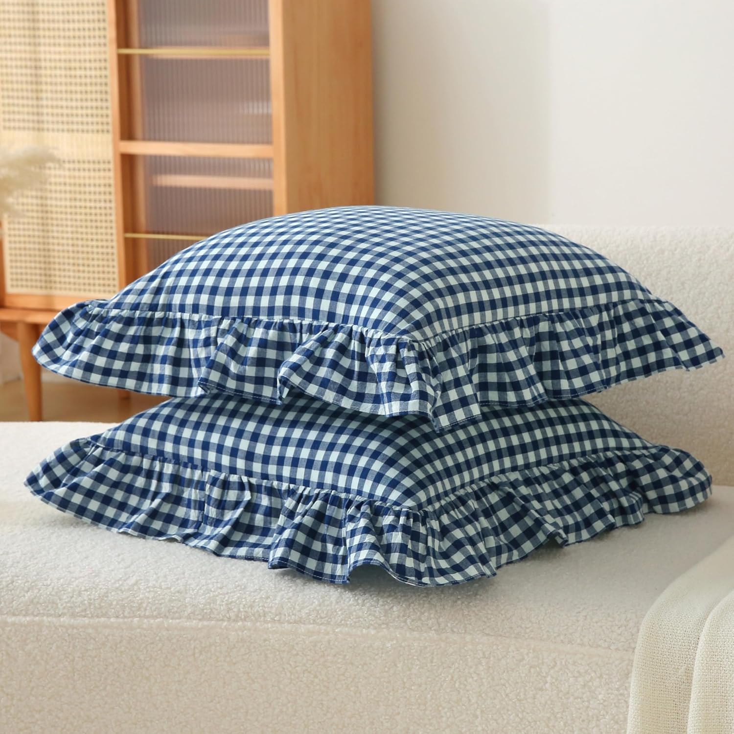 Jilboo 2 Pack 18 x18 inches Navy Blue/White Checkered Throw Pillow Covers 100% Washed Cotton Vintage Ruffle Trim Decorative Gingham Pillowc…