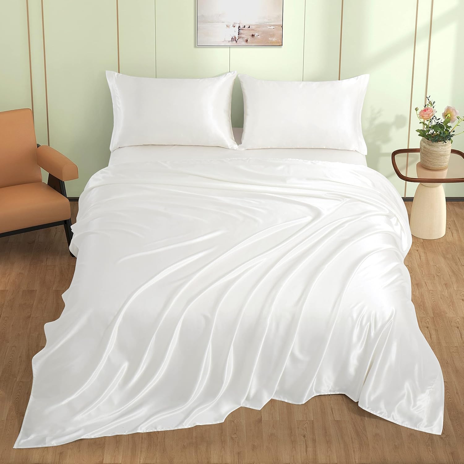VACVELT 4pcs Ivory White Satin Sheets Full Size Bed Set, 15 Inch Deep Pocket Silky Satin Sheet Set, Soft Satin Bedding Set Cooling &…