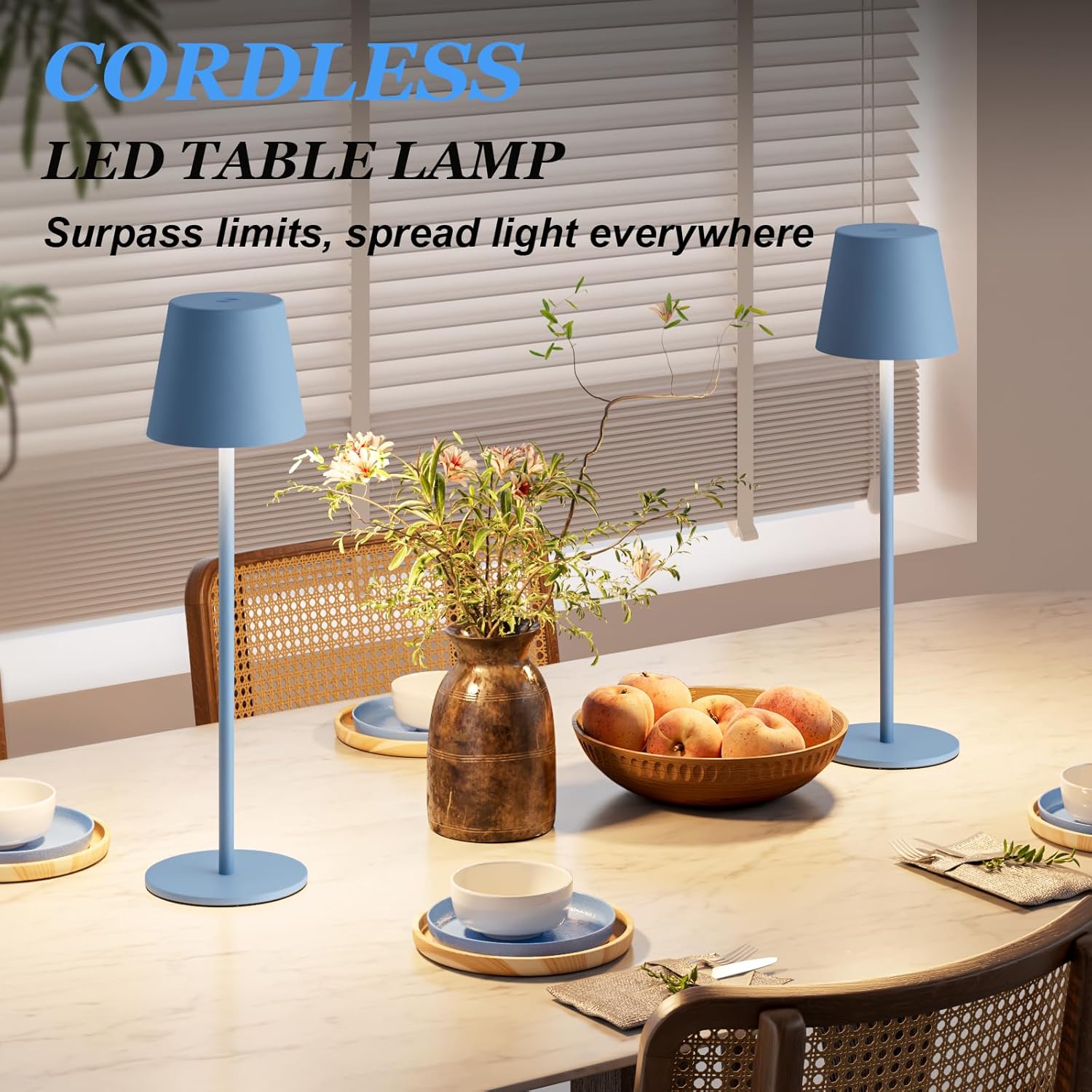 Kakanuo Cordless Table Lamp Rechargeable Blue - KK 2 Pack 5000mAH Battery Operated Lamp for Dining Table, 3 Color Stepless Dimming…