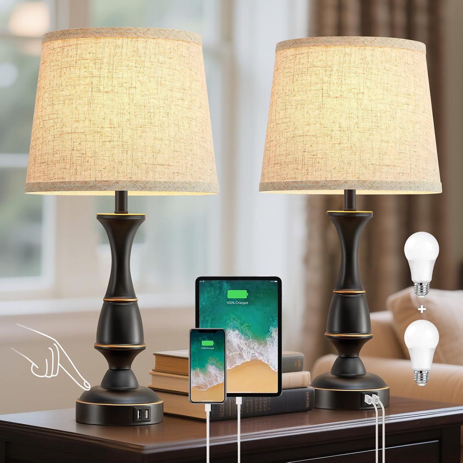 Luvkczc Touch Table Lamps Set of 2, 22" Tall Bedside Lamps with Dual USB A Ports, Dimmable Nightstand Lamps for Bedroom, Living Room…