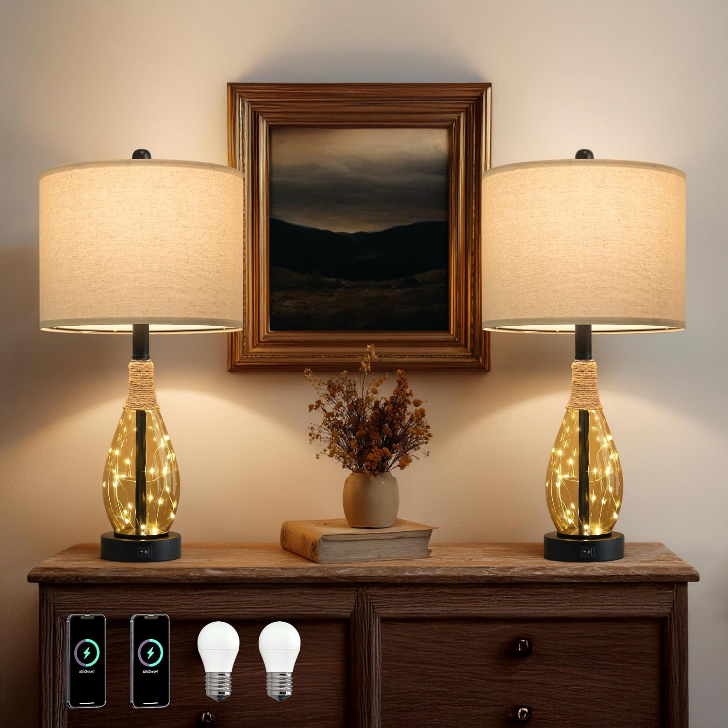 OYEARS 23" Table Lamps for Living Room Set of 2 Bedside Lamps for Night Stands Bedroom Lamps Farmhouse Rattan Boho Lamp Glass Nightlight…