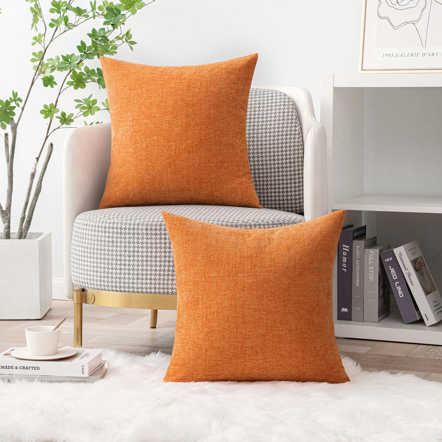 Miulee Pack of 2 Orange Throw Pillow Covers 20x20 Inch Soft Chenille Pillow Covers for Sofa Living Room Couch Solid Dyed Cases