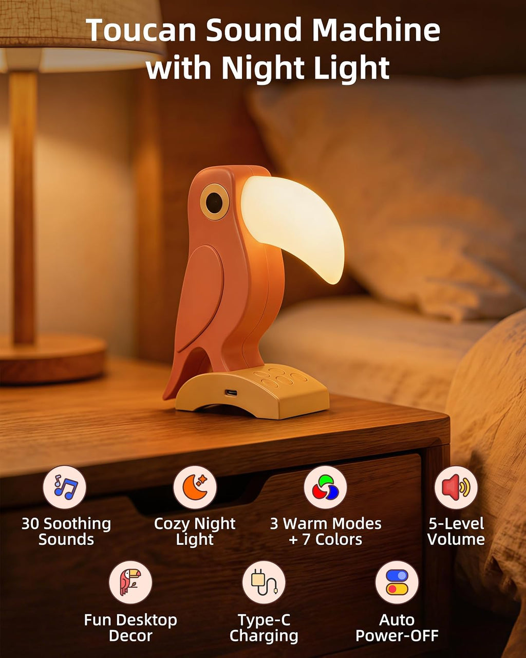 White Noise Sound Machine with 30 Soothing Sounds 7 Colors Night Light, Toucan White Noise Machine for Kids Adults Sleep Machines 5 Volume…