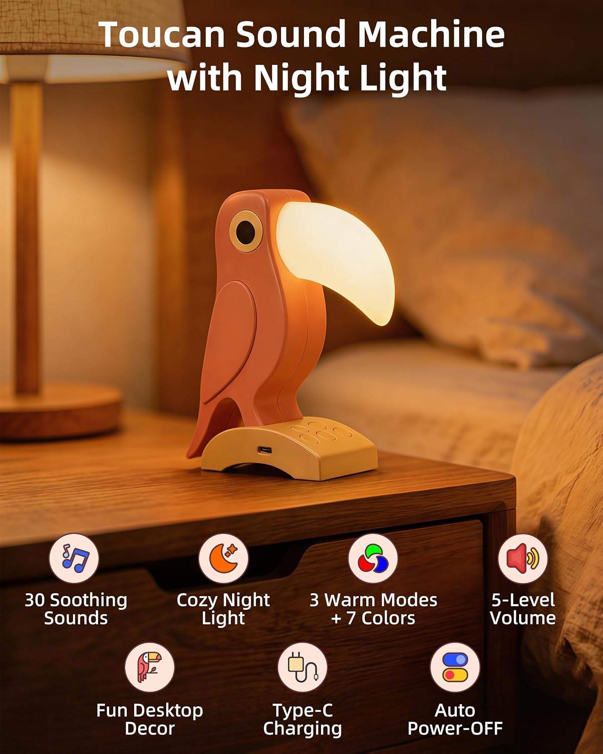 White Noise Sound Machine with 30 Soothing Sounds 7 Colors Night Light, Toucan White Noise Machine for Kids Adults Sleep Machines 5 Volume…