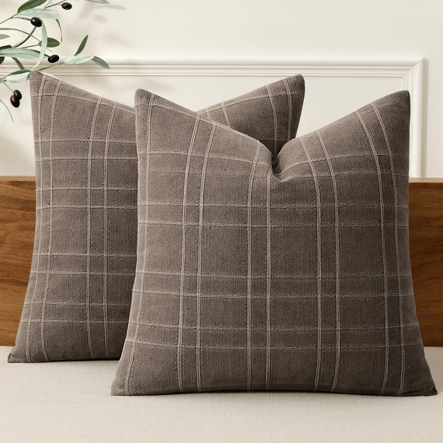 Miulee Decorative Linen Check Euro Shams Throw Pillow Covers Neutral Farmhouse Vintage Pillow Covers 22x22 Set of 2 Boho Modern Winter Home…