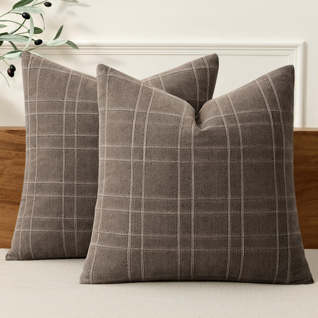Miulee Decorative Linen Check Euro Shams Throw Pillow Covers Neutral Farmhouse Vintage Pillow Covers 24x24 Set of 2 Boho Modern Winter Home…