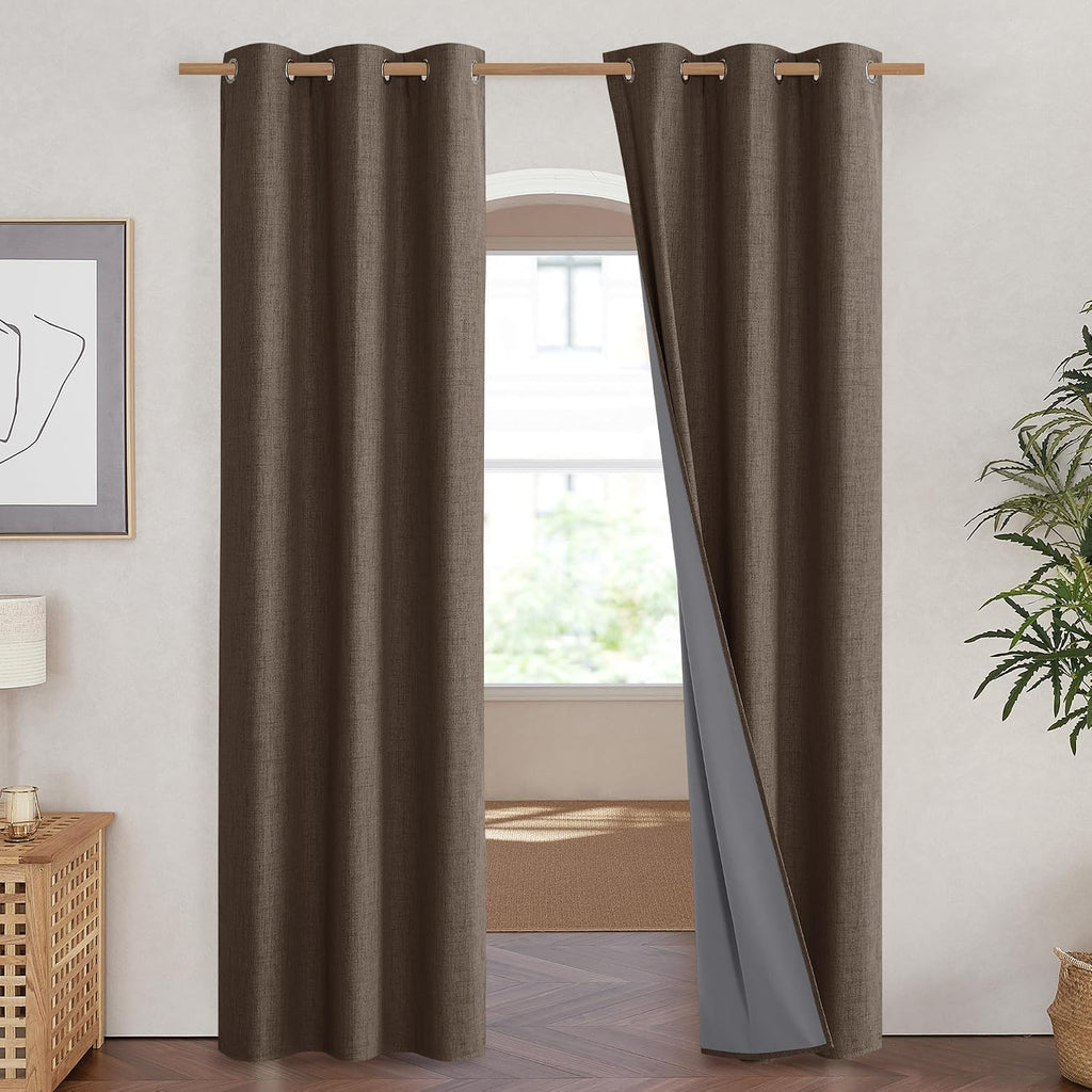 NICETOWN Coffee Vintage Linen 100% Blackout Curtains for Living Room, Thermal Insulated Curtains 84" Long, Noise Reducing Window…
