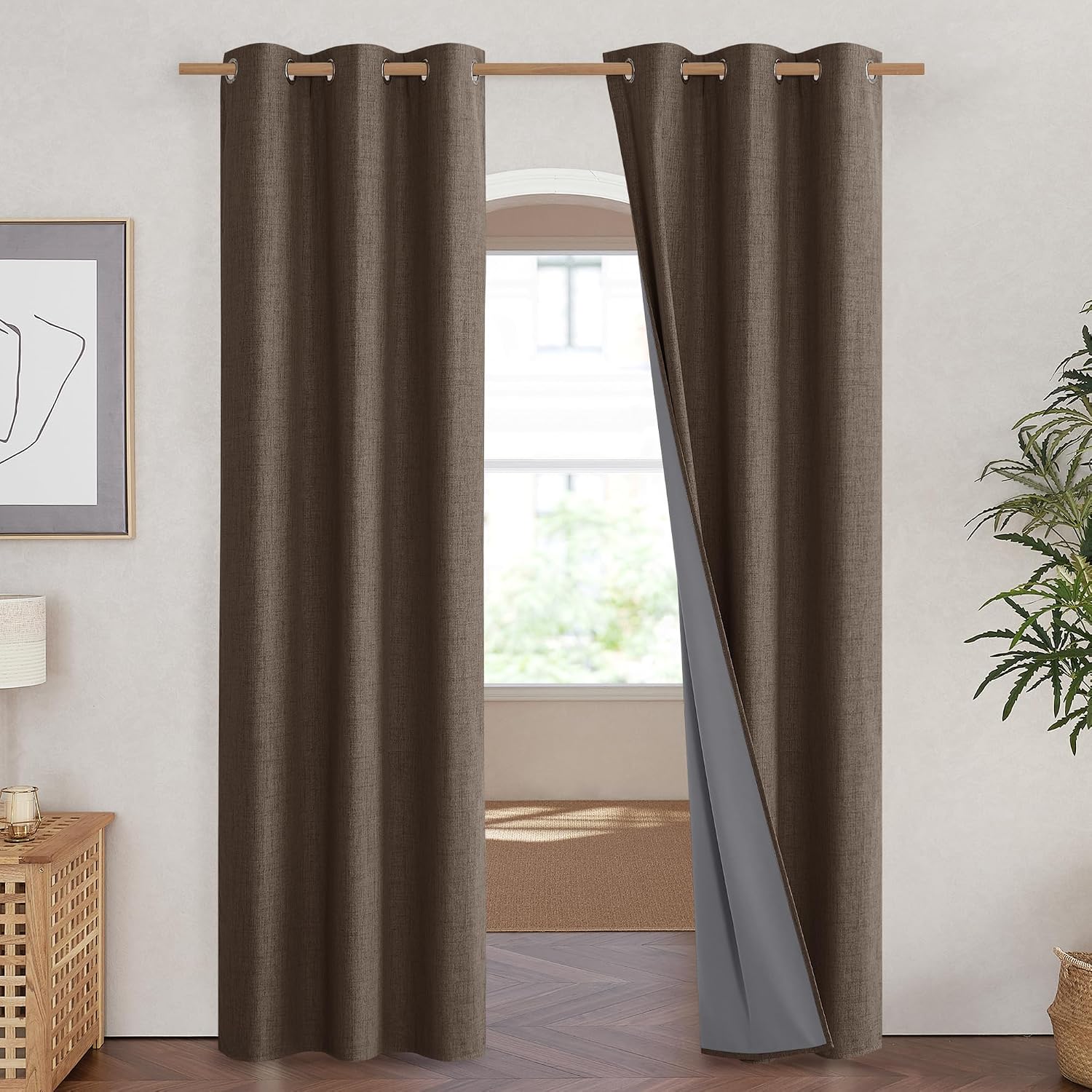 NICETOWN Coffee Vintage Linen 100% Blackout Curtains for Living Room, Thermal Insulated Curtains 84" Long, Noise Reducing Window…