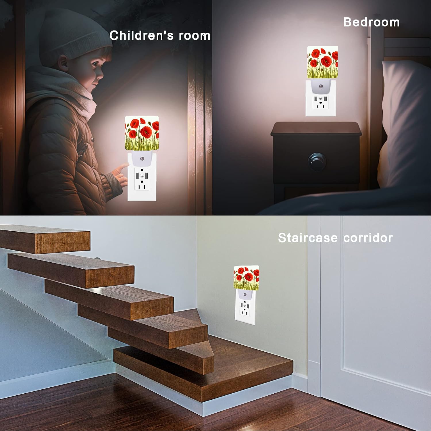 Red Flowers Night Light, Red Poppy Flowers and Ladybugs Plug-in Night Lights with Dusk-to-Dawn Sensor for Stairway/Hallway/Bedroom Sleep…