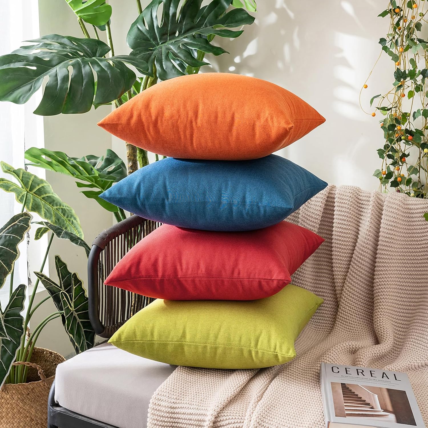 Miulee Pack of 2 Decorative Outdoor Solid Waterproof Throw Pillow Covers Euro Sham Faux Linen Garden Farmhouse Cushion Cases for Summer Pat…