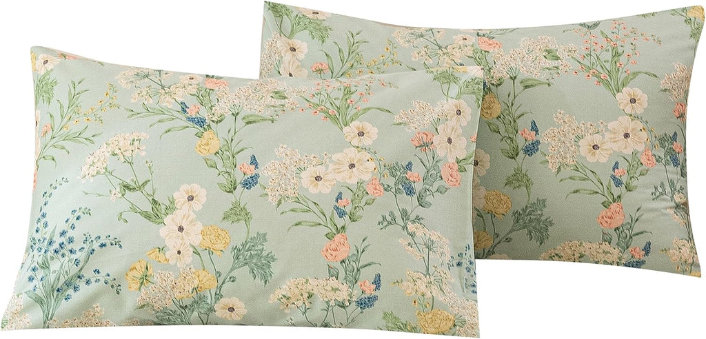 ECOCOTT Sage Green Floral Pillowcases Standard Size Set of 2, 100% Washed Cotton Pillow Cases with Envelope Closure, Botanical Wildflower…