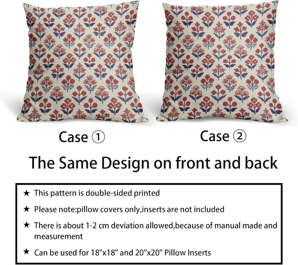 4th of July Patriotic Floral Block Print Pillow Covers 22x22 Inch Set of 2, Navy Blue Red Vintage Flower Decorative Throw Pillowcases…