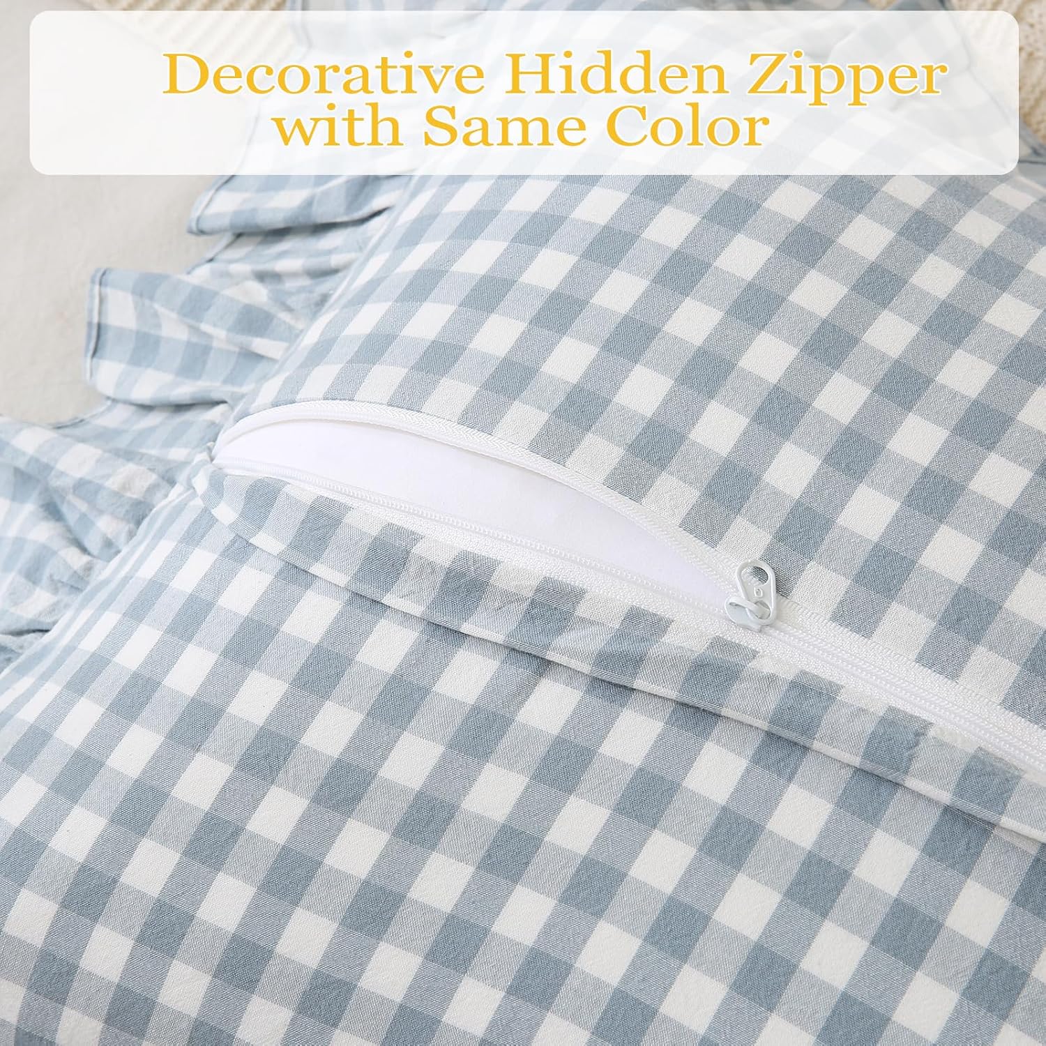 Qilunn Light Blue/White Ruffled Long Lumbar Gingham Pillow Sham 14x36 inches 1 Piece, Pure Cotton Decor Pillowcase Farmhouse Vintage Cushio…