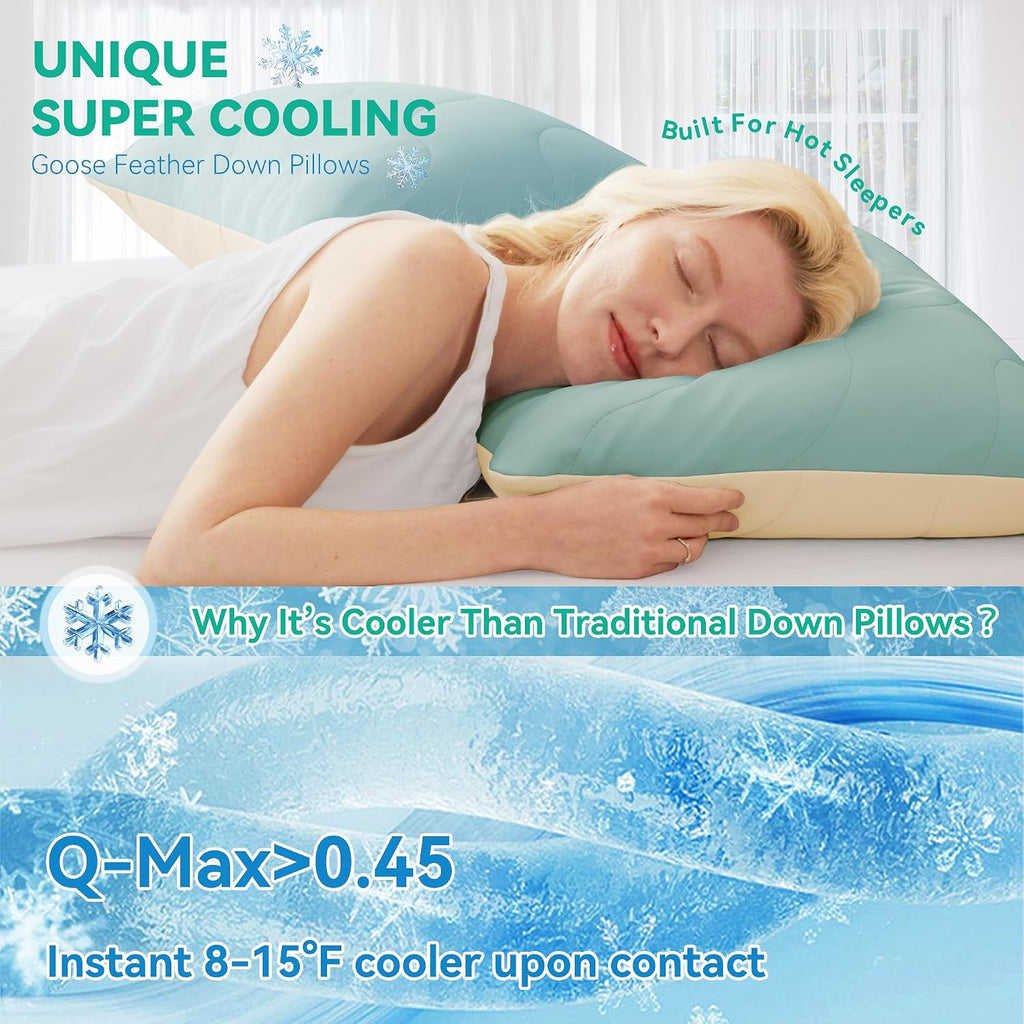 ThreeGeese Three Geese Cooling Goose Down Feather Pillows Standard Size Set of 2 for Hot Sleepers, Q-Max>0.45, Cool Hotel Bed Pillows with…