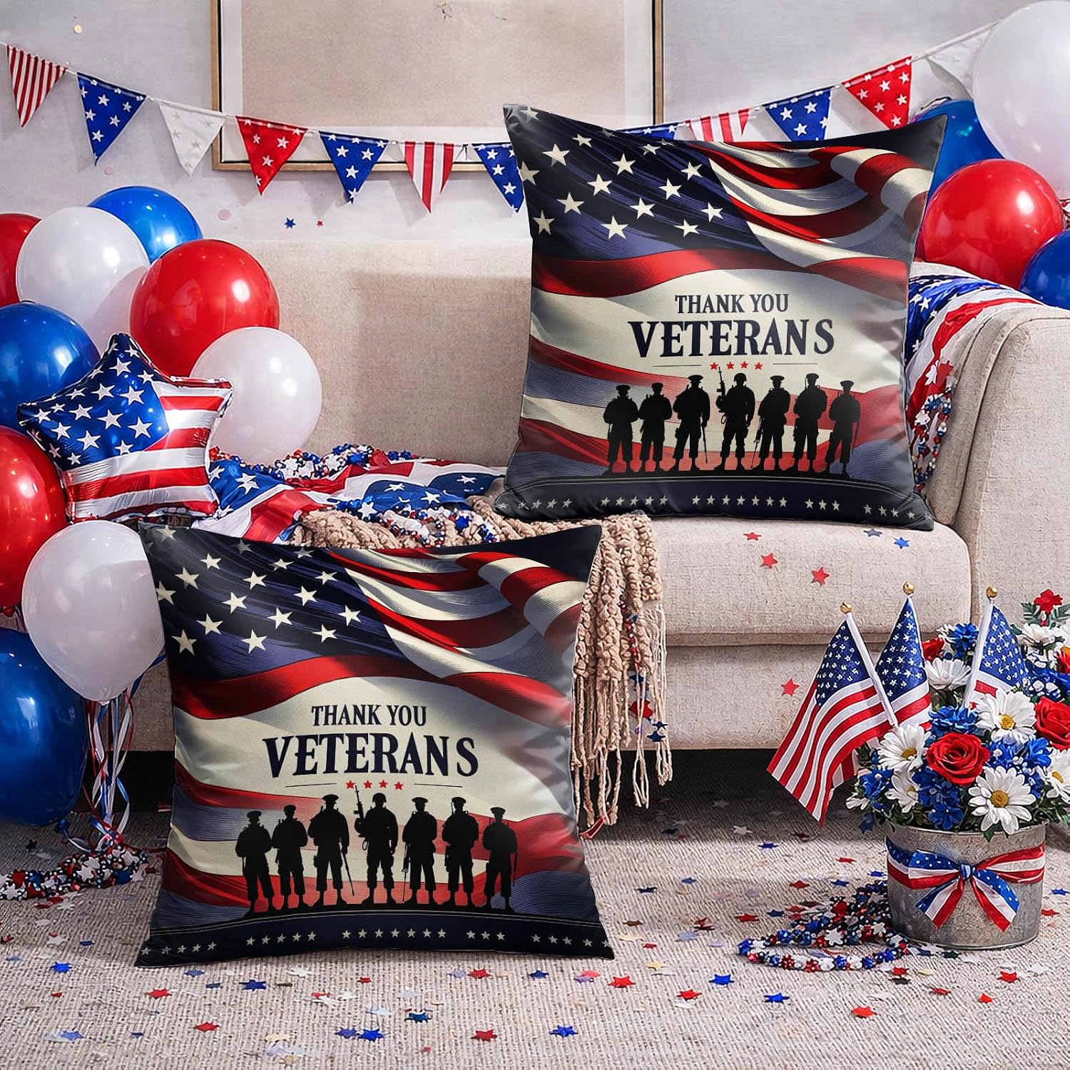 BlissYard Throw Pillow Covers 18x18 Set of 2 Thank You Veterans Pillow Covers Decorative American Flag Pillow Covers Veterans Day…