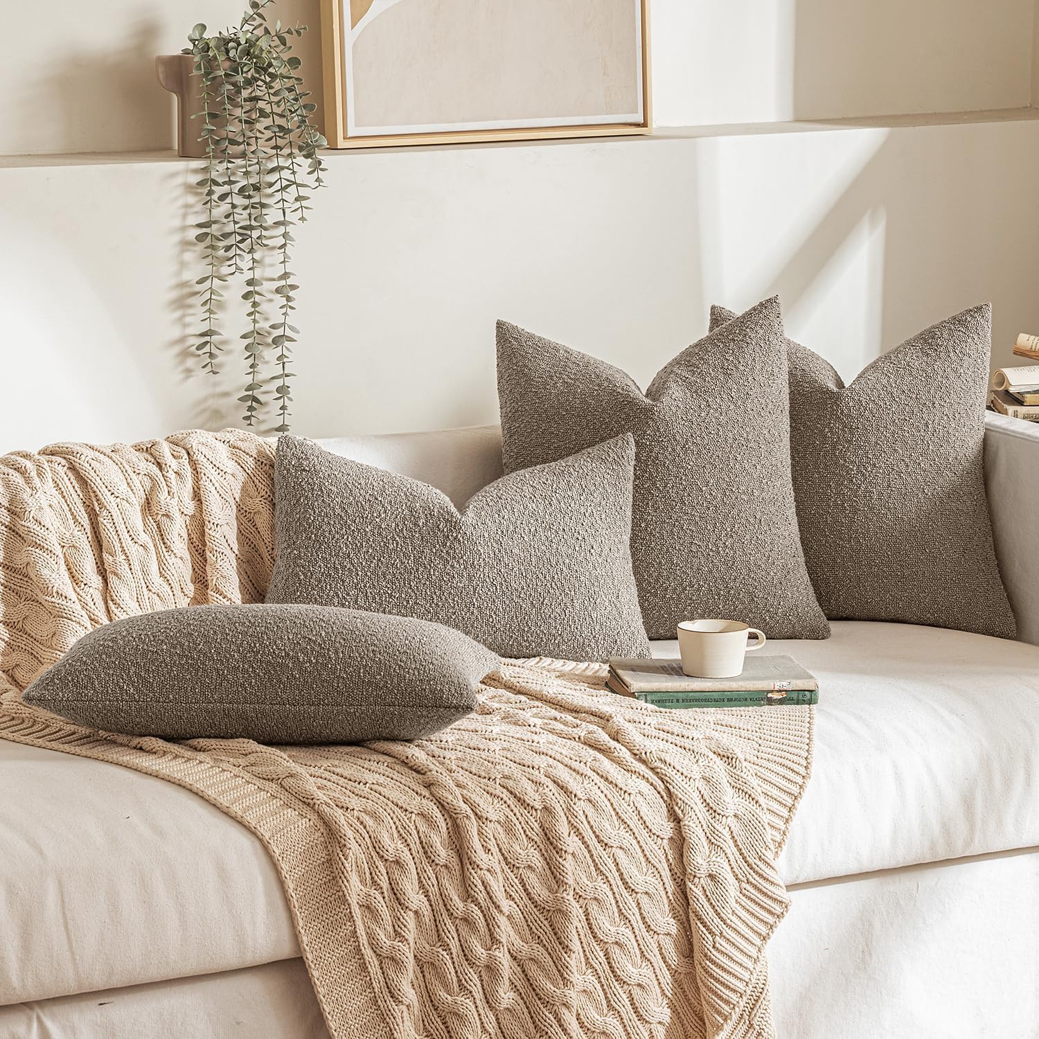 Miulee 22x22 Inch Decorative Euro Sham Pillow Covers for Couch Bed Set of 2 Textured Boucle Neutral Throw Pillow Covers Light Taupe Accent…