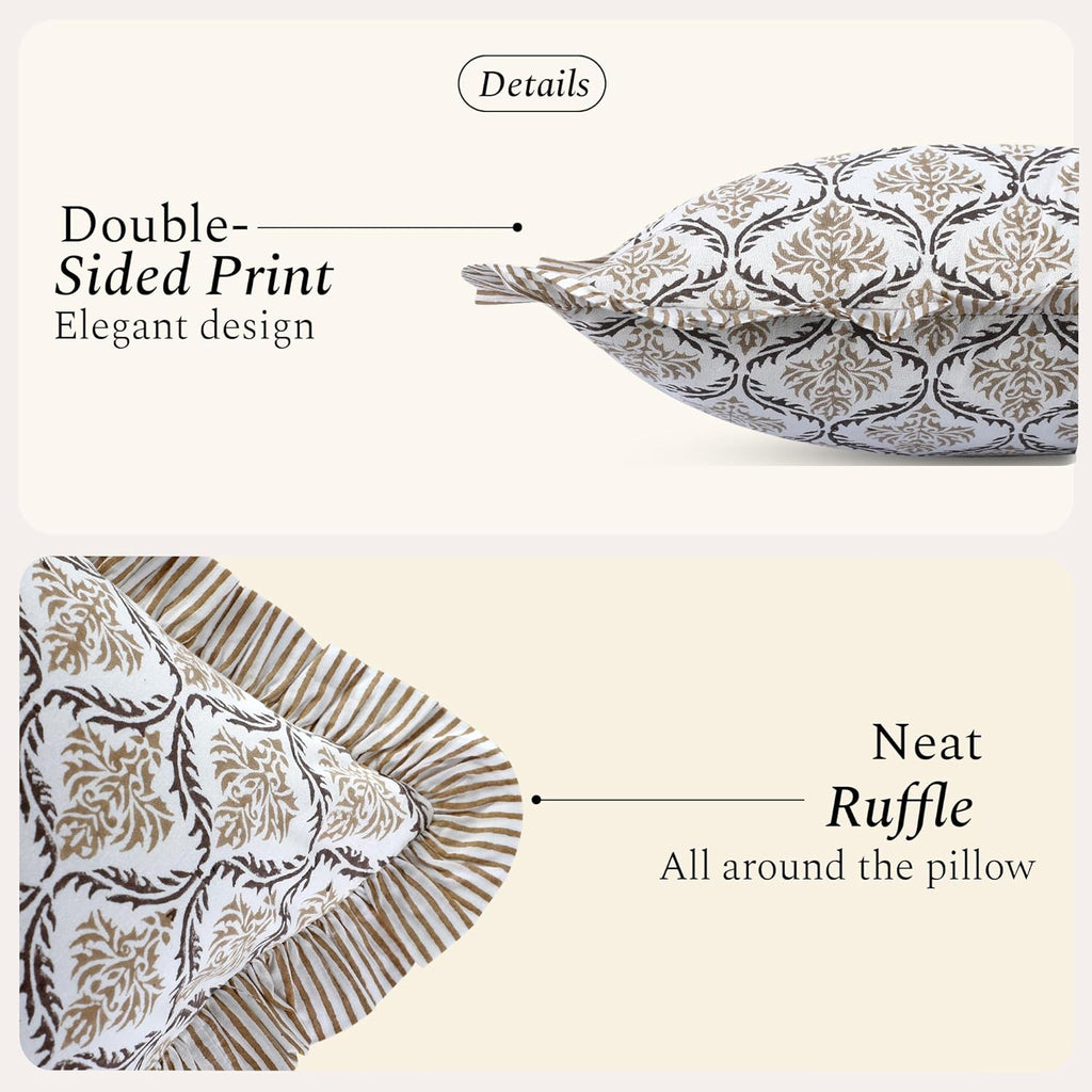 Cottonprintclub CPC Hand Block Print Sandstone Regal Ruffle Sham Pillow Cover 20" x 12" inch Hidden Zipper Decorative Pillowcase for Couch,…