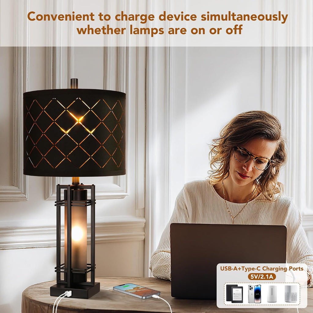 Modern Table Lamp Set of 2, Nightstand Lamps with Black Grid Shade, Bedside Lamps with USB A+C Charging Ports, Decorative Table Lamp…