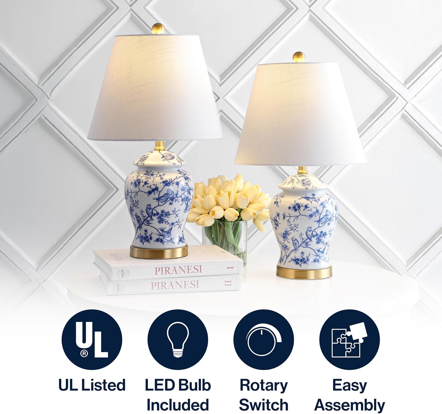 JONATHAN Y 22" Blue/White Ceramic Table Lamp, French Country Chinoiserie Ginger Jar LED Bedside Lamp for Living Room Bedroom, White Linen…