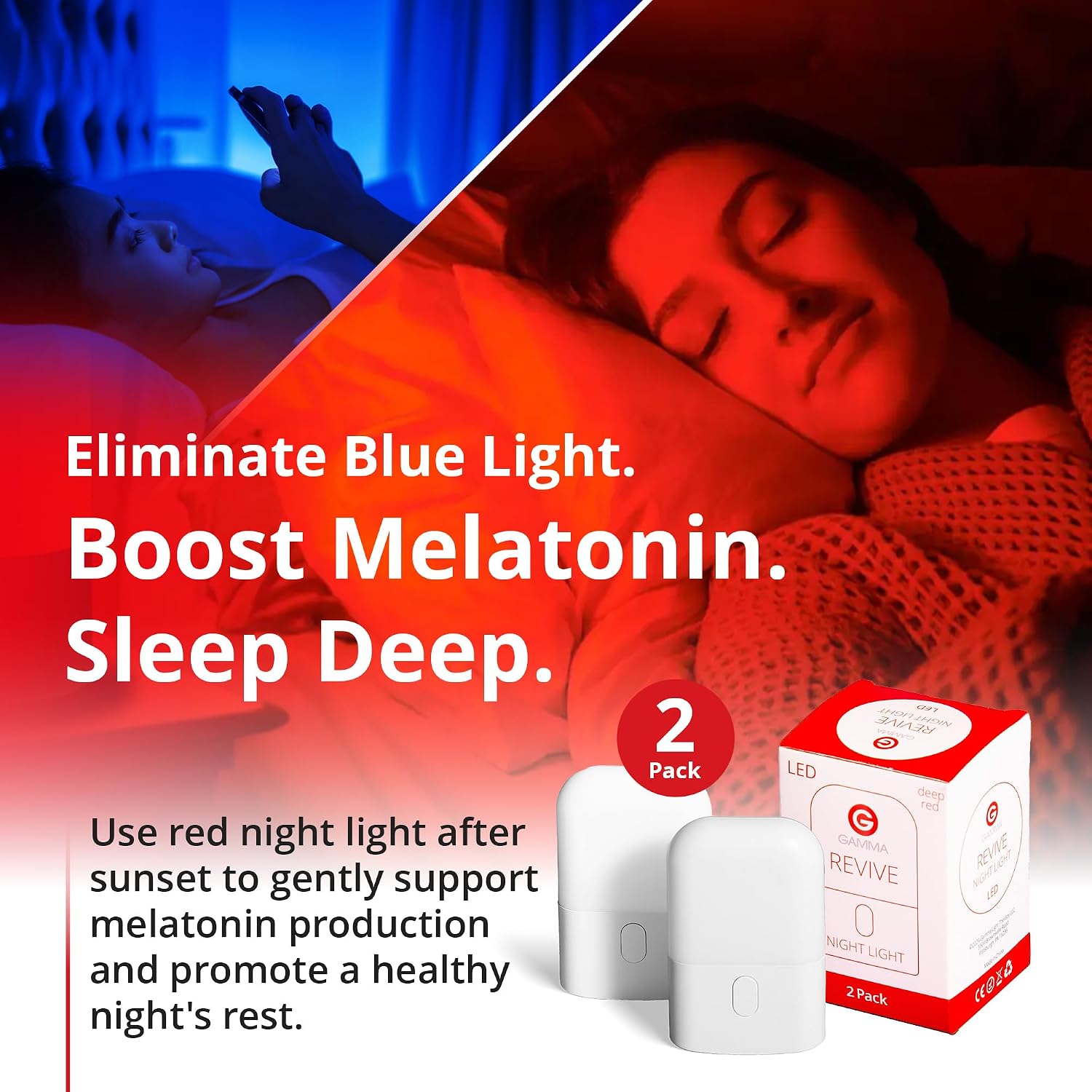 GammaLightTherapy Revive - 670nm Red Night Light (2 Pack) by Gamma - Sleep relaxation - Melatonin Promoting Natural 2 Pack Plastic R…
