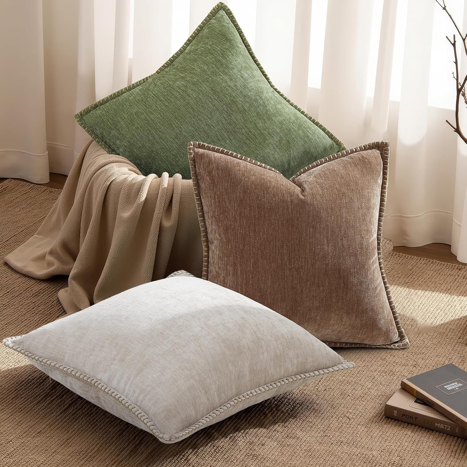 decorUhome Chenille Soft Cozy Throw Pillow Covers 16x16 Set of 2, Modern Farmhouse Boho Velvet Decorative Pillow Cases with Stitched Edge f…