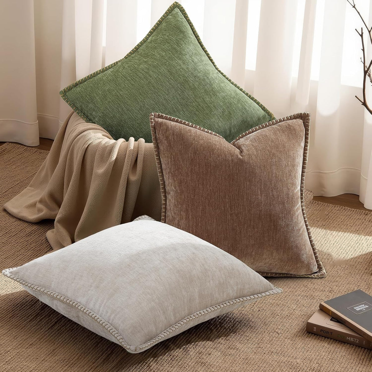 decorUhome Chenille Soft Cozy Throw Pillow Covers 24x24 Set of 2, Modern Farmhouse Boho Velvet Decorative Euro Sham Pillow Cases with Stitc…