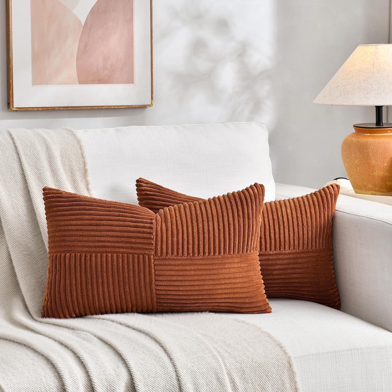 Fancy Homi 2 Packs Rust Lumbar Decorative Throw Pillow Covers 16x32 Inch for Couch Bed Sofa, Rustic Farmhouse Boho Home Decor, Soft…