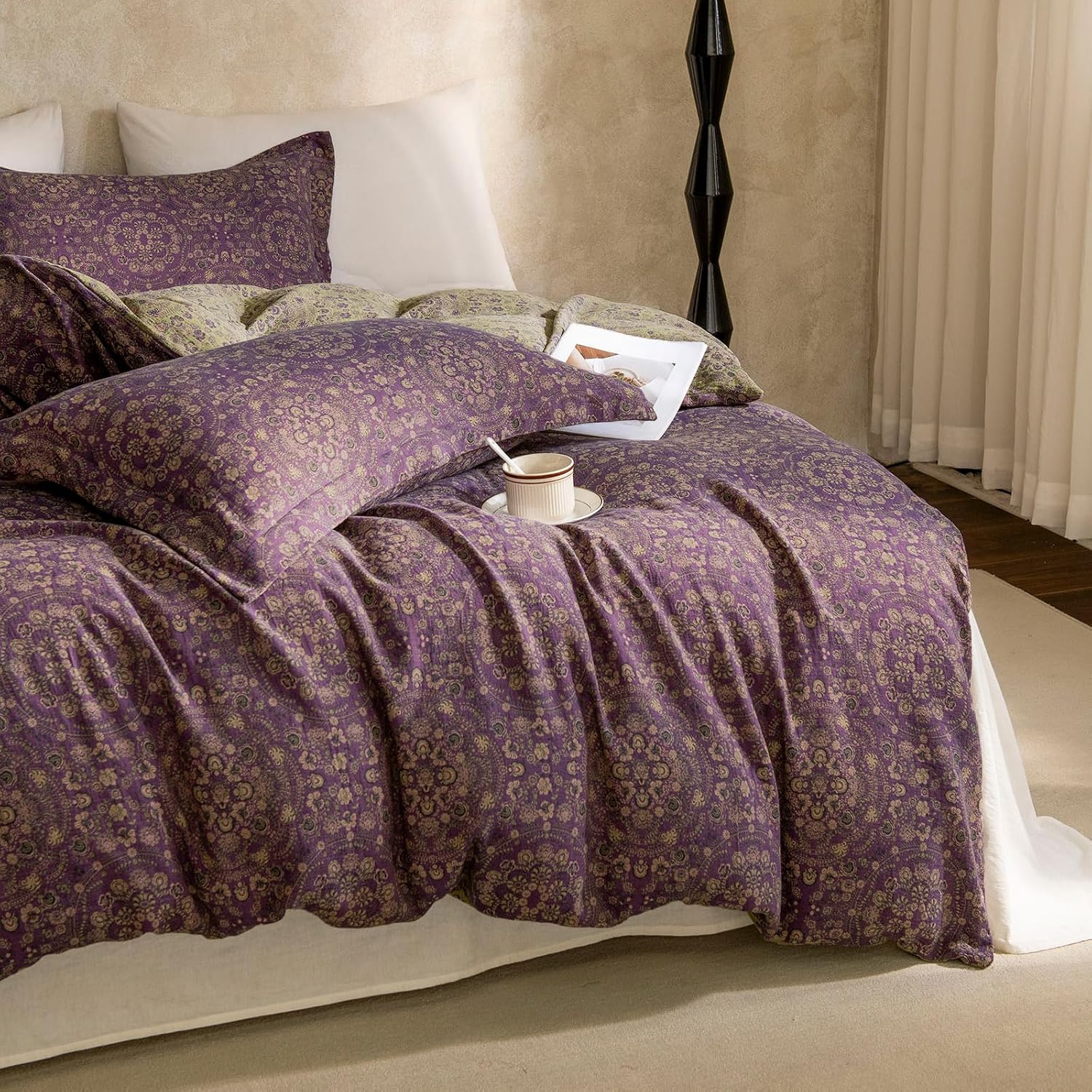 mixinni Purple Green Floral Duvet Cover King Size, Elegant Double-Layer Yarn Cotton Vintage Duvet Cover Set, Exquisite Jacquard Design Bedd…