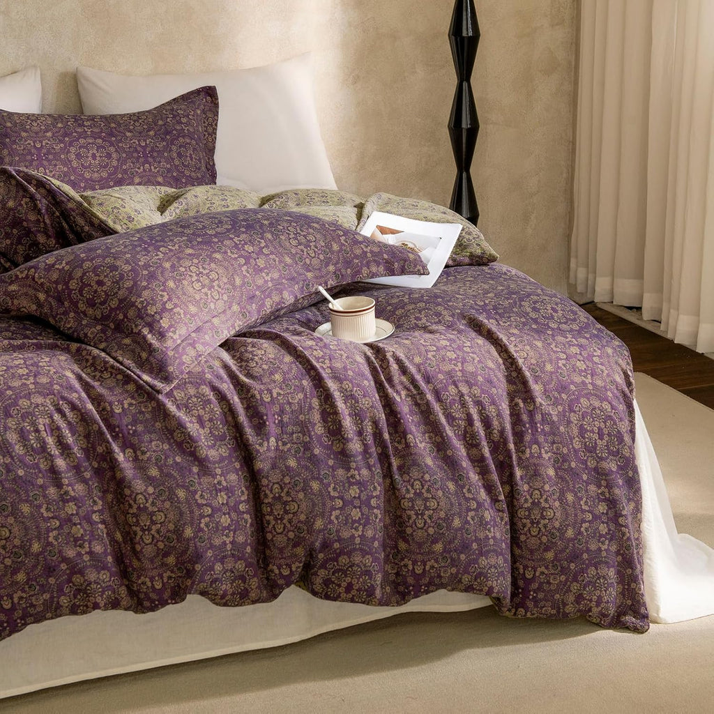 mixinni Purple Green Floral Duvet Cover Queen Size, Elegant Double-Layer Yarn Cotton Vintage Duvet Cover Set, Exquisite Jacquard Design Bed…