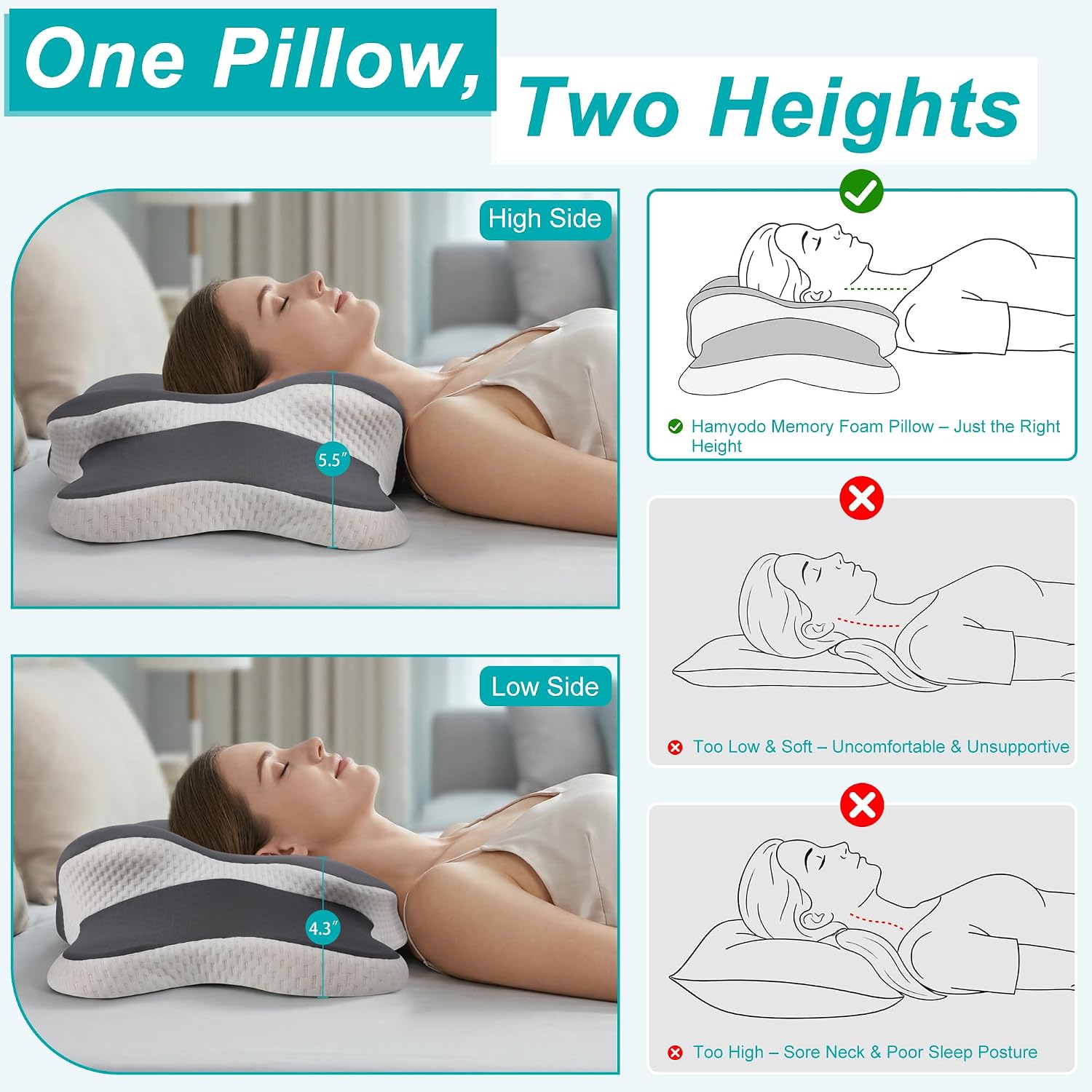 Esup Ergonomic Cervical Neck Pillow for, Adjustable Height Contour Memory Foam Orthopedic Bed Pillow for Sleeping, Ideal for Side, Back, a…