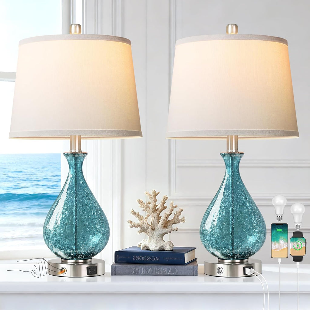 QiMH Glass Table Lamp for Living Room Bedroom Set of 2, 22.5" LED Light with Touch Control, Blue 3 Way Dimmable Modern Bedside Lamps for…