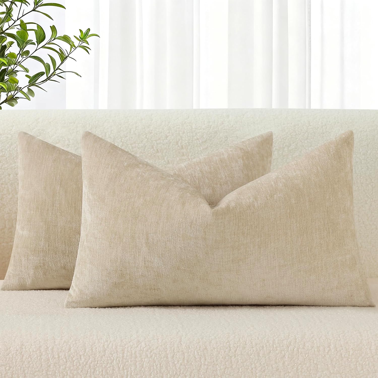 decorUhome Chenille Beige Throw Pillow Covers 12x20 Inch Set of 2, Decorative Soft Couch Pillow Covers Solid Dyed Accent Farmhouse Neutral…