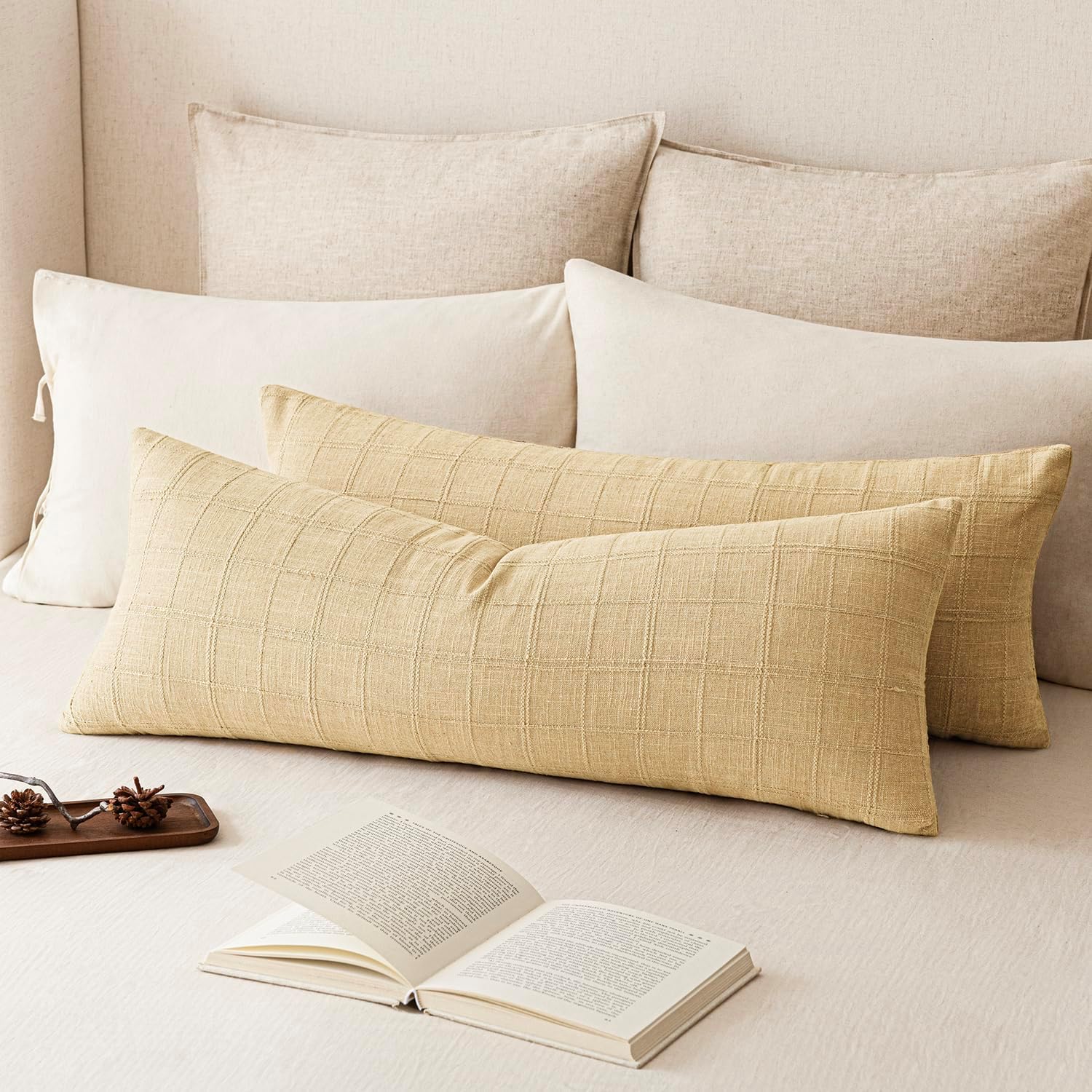 Foindtower Set of 1 Decorative Linen Check Throw Pillow Cover Neutral Long Body Lumbar Cushion Cover Farmhouse Vintage Boho Home Decor…
