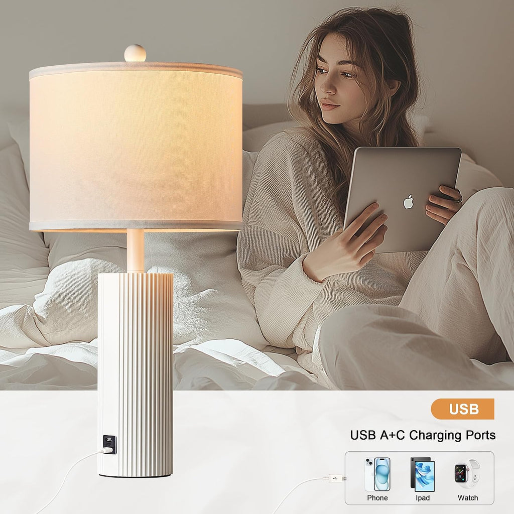 24.5" White Lamps Set of 2, Modern Table Lamps for Living Room with USB C+A Ports, Creative Stripe Touch Lamps for Nightstand, 2 Bulbs…