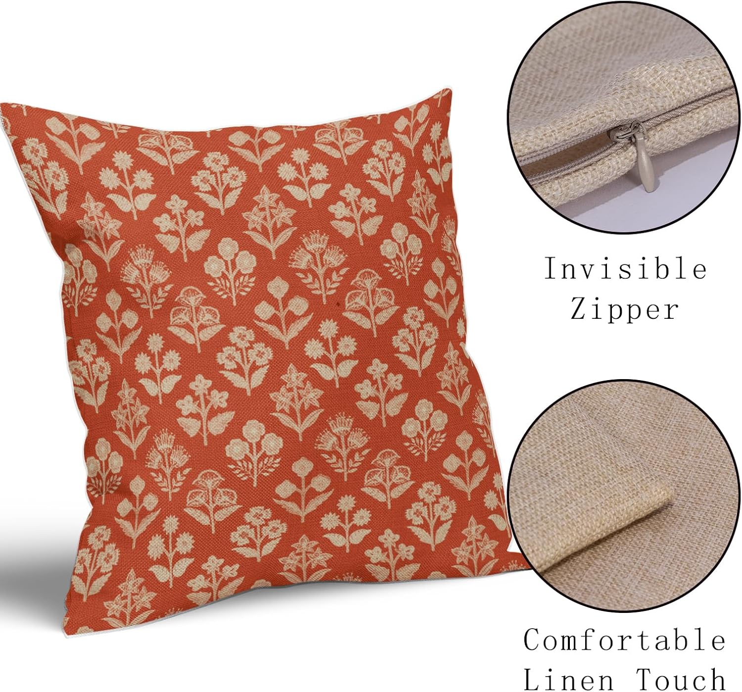 Dark Orange Floral Pillow Covers 22x22 Inch Set of 2, Vintage Flower Block Print Pattern Decorative Throw Pillowcases Outdoor Farmhouse…