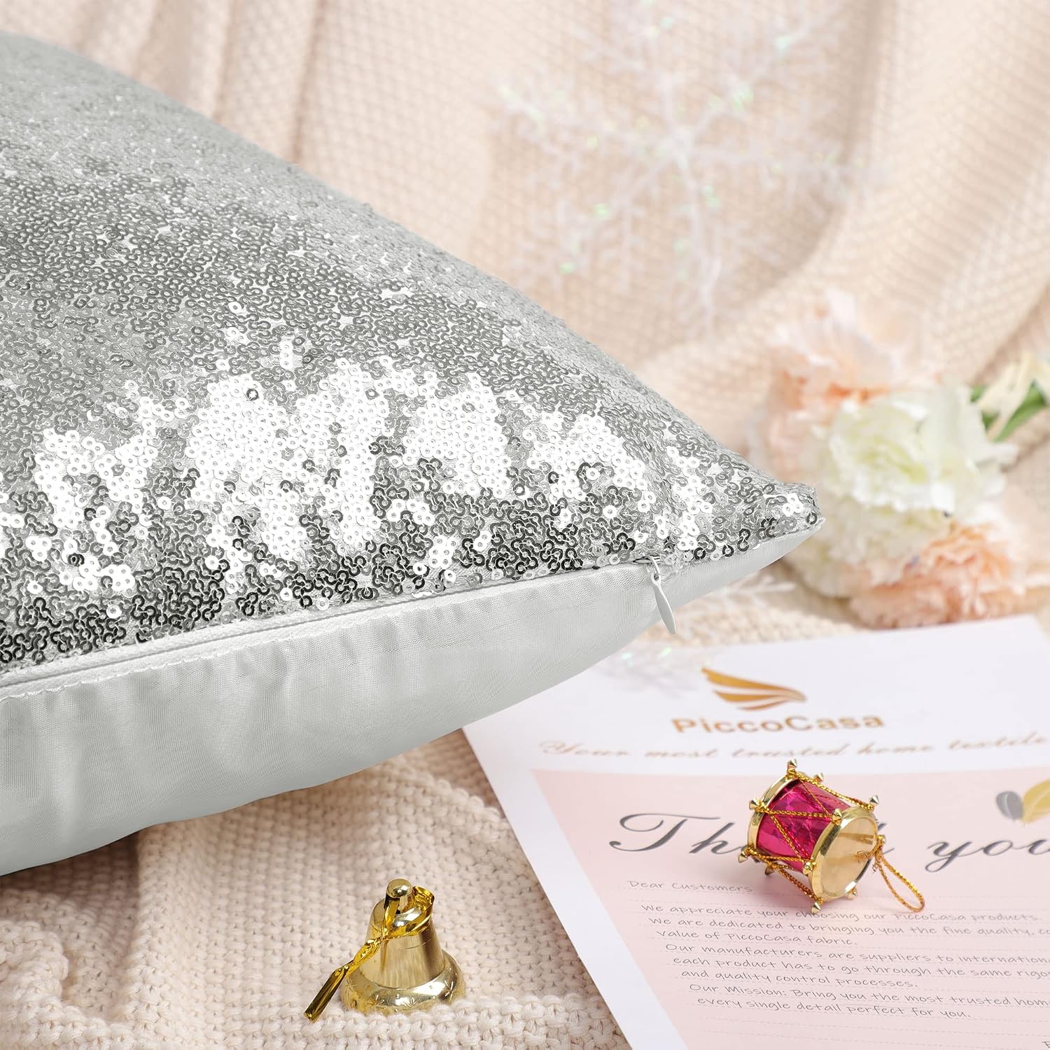 uxcell 2 Pcs Silver Tone Sequin Throw Pillow Covers, Shiny Sparkling Comfy Satin Sequin Cushion Covers, Decorative Pillowcases for…