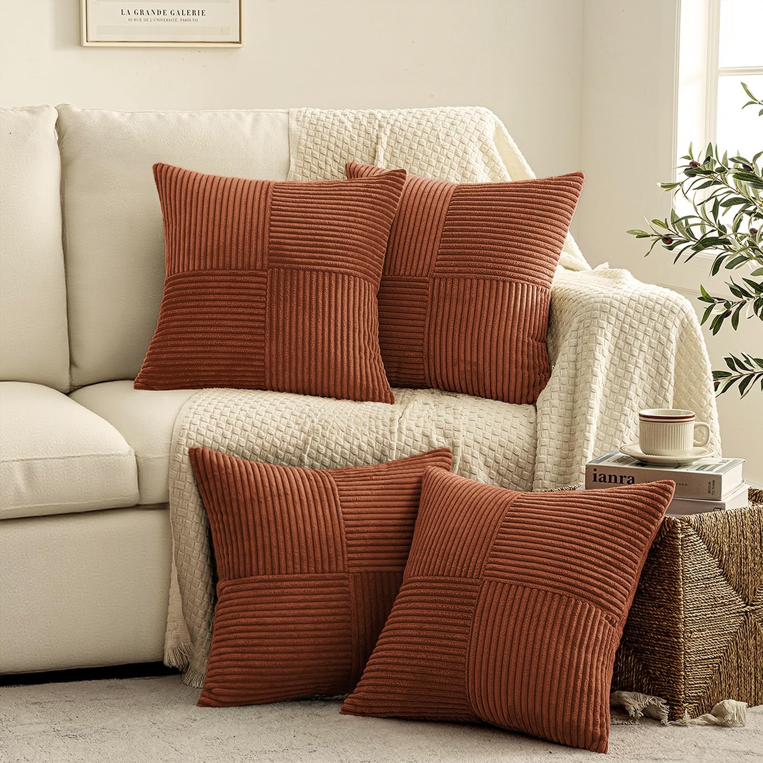 Miulee Boho Farmhouse Rust Decorative Throw Pillow Covers 20x20 Inch 4 Packs Soft Vintage Pillow Cases Modern Corduroy Patchwork Cushion Co…