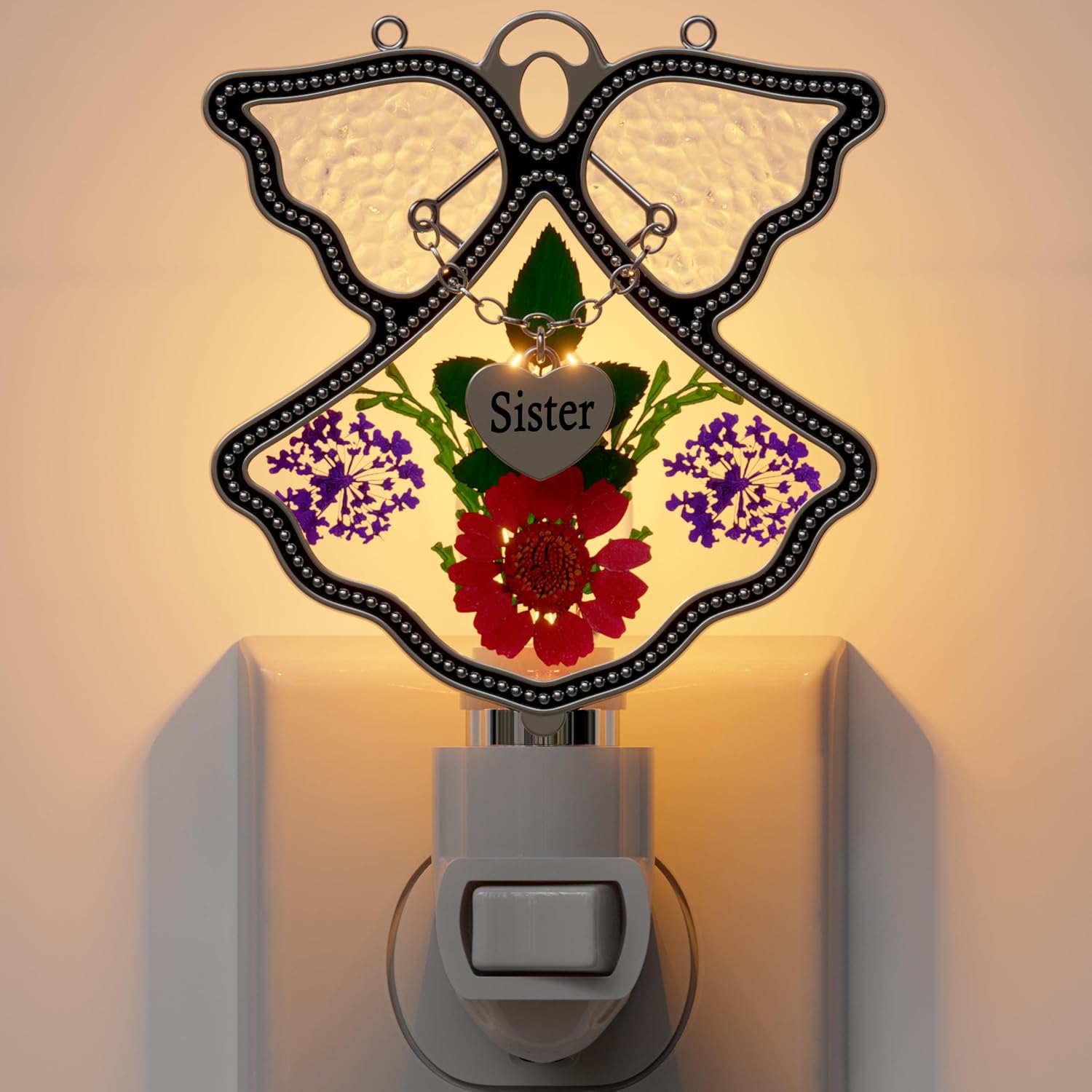 KY&BOSAM Angel Sister Night Light Flower in Glass with Metal Trim Sister Heart Night Light Nursery Bedroom Bathroom Decorative Accent…