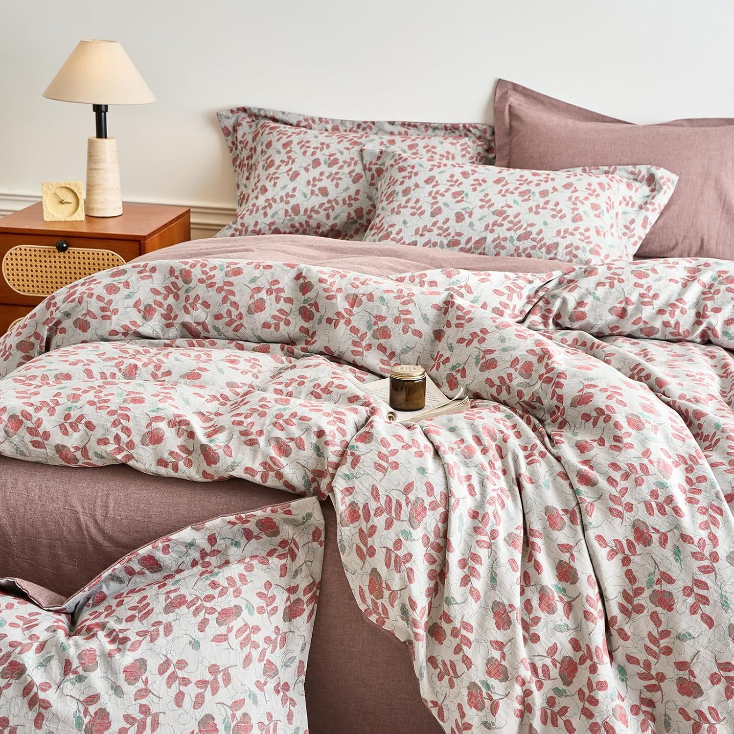 mixinni 100% Washed Cotton Duvet Cover Set, Reversible Vintage Floral Jacquard Textured Comforter Cover, Boho Farmhouse Bedding Set with Zi…
