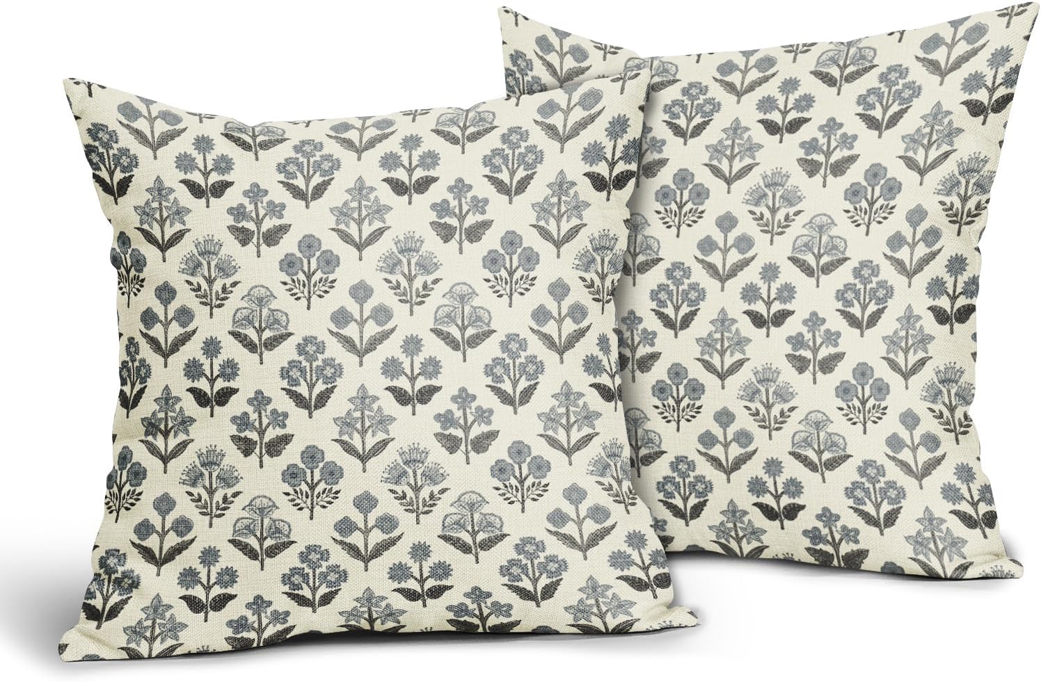 Black Dusty Blue Floral Pillow Covers 18x18 Inch Set of 2, Vintage Flower Block Print Pattern Decorative Throw Pillowcases Outdoor…