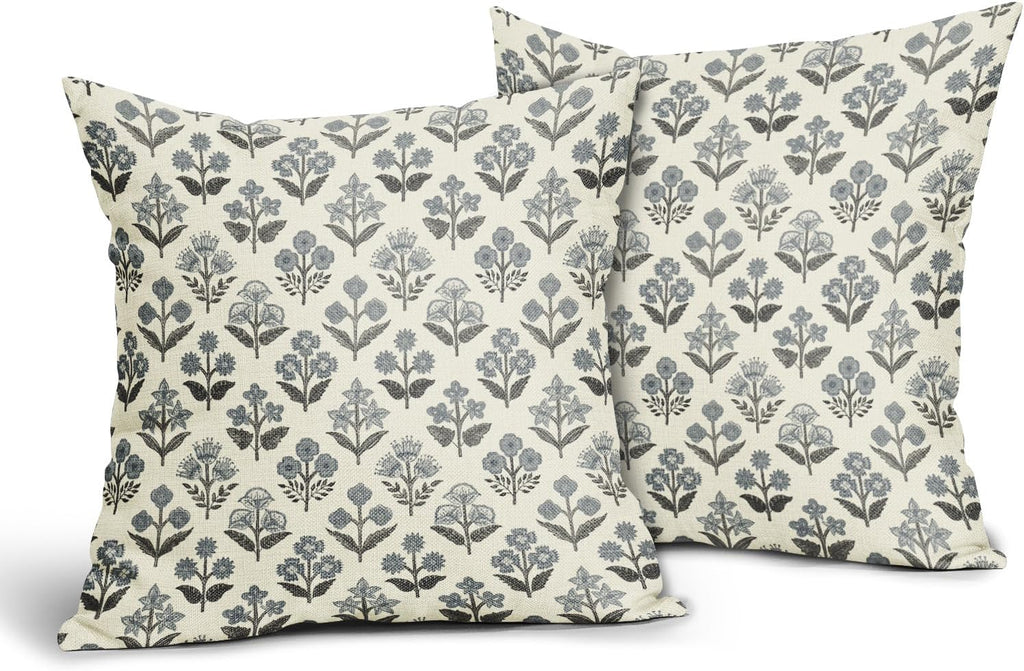 Black Dusty Blue Floral Pillow Covers 24x24 Inch Set of 2, Vintage Flower Block Print Pattern Decorative Throw Pillowcases Outdoor…